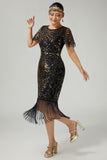Sparkly Black Blue Fringed 1920s Dress With Short Sleeves