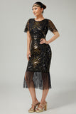 Sparkly Black Blue Fringed 1920s Dress With Short Sleeves
