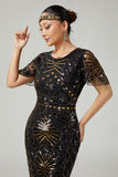 Sparkly Black Blue Fringed 1920s Dress With Short Sleeves
