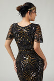 Sparkly Black Blue Fringed 1920s Dress With Short Sleeves