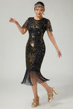 Sparkly Black Blue Fringed 1920s Dress With Short Sleeves