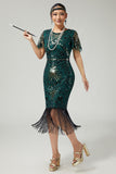 Sparkly Dark Green Pencil 1920s Dress With Fringes