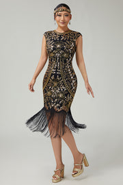 Fringed Sequined Bodycon Black Golden 1920s Dress