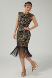 Fringed Sequined Bodycon Black Golden 1920s Dress
