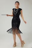 Fringed Sequined Bodycon Black Golden 1920s Dress