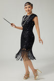 Fringed Sequined Bodycon Black Golden 1920s Dress