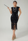 Fringed Sequined Bodycon Black Golden 1920s Dress