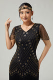 Black Golden Riered Fringed 1920s Dress With Beading