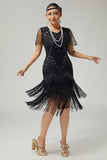 Black Golden Riered Fringed 1920s Dress With Beading