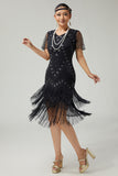 Black Golden Riered Fringed 1920s Dress With Beading
