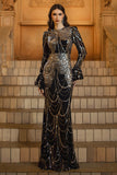 Black Golden Mermaid Long Sleeve Sequins Formal Dress