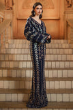 Sparkly Navy V-Neck Sheath Long Sleeve Formal Dress