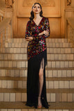 Sparkly Black V-Neck Long Sleeve Mermaid Formal Dress