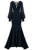 Black Mermaid Long Sleeve Mother of the Bride Dress with Appliques