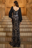 Black Golden Long Sleeve Mermaid Sequin Formal Dress