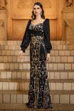 Black Golden Long Sleeve Mermaid Sequin Formal Dress