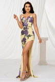 Yellow Mermaid Spaghetti Straps Sweep Train Floral Prom Dress