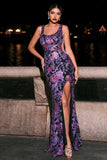 Purple Thick Straps Mermaid Maxi Floral Prom Dress