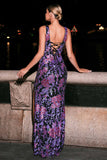 Purple Thick Straps Mermaid Maxi Floral Prom Dress