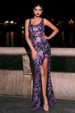 Purple Thick Straps Mermaid Maxi Floral Prom Dress