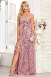 Blush A Line Thick Straps Floral Long Prom Dress with Slit