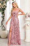Blush A Line Thick Straps Floral Long Prom Dress with Slit