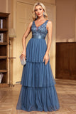 Grey Blue Tiered A Line Thick Straps Long Prom Dress