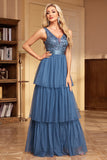 Grey Blue Tiered A Line Thick Straps Long Prom Dress