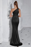 Yellow Mermaid One Shoulder Ruched Maxi Prom Dress with Slit
