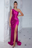 Yellow Mermaid One Shoulder Ruched Maxi Prom Dress with Slit