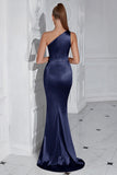 Yellow Mermaid One Shoulder Ruched Maxi Prom Dress with Slit