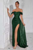 Sparkly Burgundy Corset Off the Shoulder Long Prom Dress with Slit