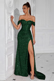 Sparkly Burgundy Corset Off the Shoulder Long Prom Dress with Slit