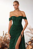 Sparkly Burgundy Corset Off the Shoulder Long Prom Dress with Slit