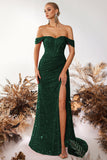 Sparkly Burgundy Corset Off the Shoulder Long Prom Dress with Slit