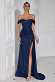 Sparkly Burgundy Corset Off the Shoulder Long Prom Dress with Slit