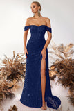 Sparkly Burgundy Corset Off the Shoulder Long Prom Dress with Slit