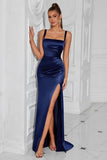 Navy Satin Square Neck Sheath Long Prom Dress with Slit