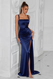 Navy Satin Square Neck Sheath Long Prom Dress with Slit
