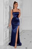 Navy Satin Square Neck Sheath Long Prom Dress with Slit