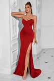 Red Corset Satin Mermaid Long Prom Dress with Slit