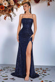 Sparkly Golden Sequin Mermaid Long Prom Dress with Slit
