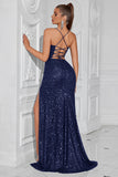 Sparkly Golden Sequin Mermaid Long Prom Dress with Slit