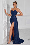 Sparkly Burgundy Sequins Sweetheart Mermaid Long Prom Dress with Slit