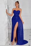 Sparkly Burgundy Sequins Sweetheart Mermaid Long Prom Dress with Slit