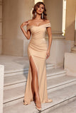 Burgundy Satin Mermaid Off The Shoulder Long Prom Dress with Slit