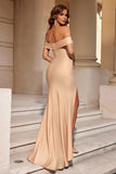 Burgundy Satin Mermaid Off The Shoulder Long Prom Dress with Slit