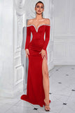 Sparkly Black Satin Off The Shoulder Beaded Mermaid Long Formal Dress with Slit
