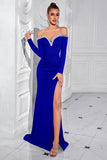 Sparkly Black Satin Off The Shoulder Beaded Mermaid Long Formal Dress with Slit
