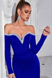 Sparkly Black Satin Off The Shoulder Beaded Mermaid Long Formal Dress with Slit